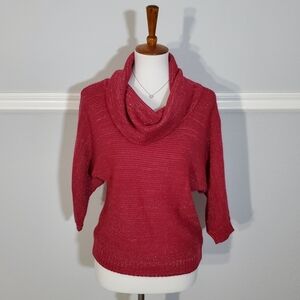 New York & Company Cowl Neck Oversized Knit Sweater Hot Pink Metallic Shimmer XS